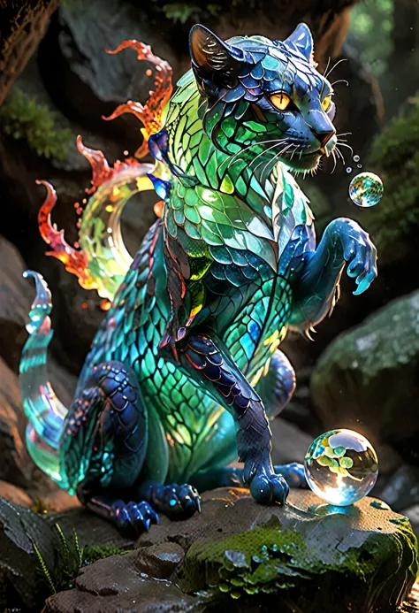 Image rendering in high resolution, with photorealistic quality and rich in detail. Start with the main body. Imagine a pet creature the size of a large dog, with a shape similar to a panther. The body is covered with soft scales, each with an iridescent g...