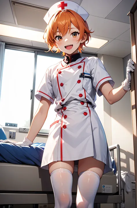 1boy, solo, male focus, nurse, white nurse cap, white nurse uniform, ((white legwear, zettai ryouiki)), white gloves, short hair, orange hair, smile, open mouth, standing, ((hospital room)), sharp outline, short sleeves, shota, 12 years old, best quality, ...