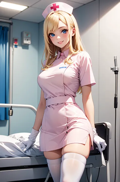 1woman, solo, nurse, white nurse cap, white nurse uniform, ((white legwear, zettai ryouiki)), white gloves, blonde hair, blue ey...