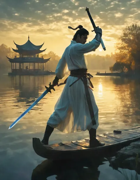 The hero dances with sword:1.5),Anatomically correct,1 glowing sword,(Movement posture),Hold the sword hilt tightly in your hand,Solitary,On the Lake, Wooden boats in the distance and pavilions in the lake,light, mysterious atmosphere,, ripple,(Splash;1.4)...