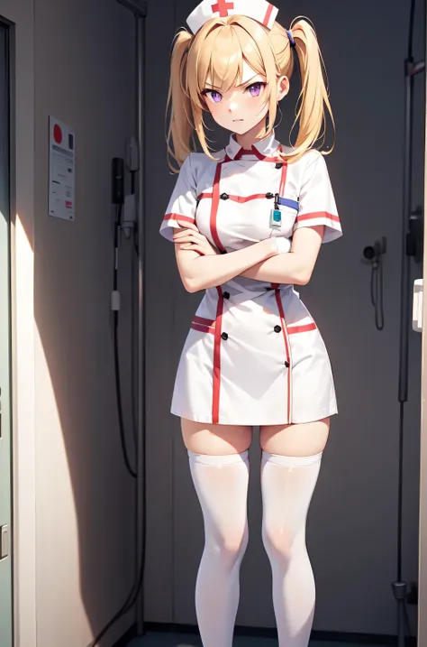 1girl, solo, nurse, nurse cap, white nurse uniform, ((white legwear, zettai ryouiki)), white gloves, twintails, yellow hair, purple eyes, angry, crossed arms, standing, ((hospital room)), sharp outline, short sleeves, best quality, masterpiece