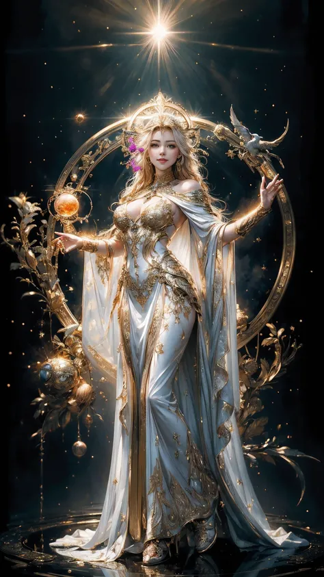 masterpiece, best quality, ultra detailed, 8k, high resolution, Photorealistic, Greek Mythology, fantasy, legendary existence, mythical world, meditation, symmetrical, divine halo, magic circle, solar eclipse, Nebula, alone, stunningly beautiful woman, bea...