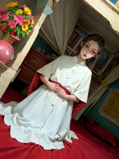 Pale woman, bed, horror