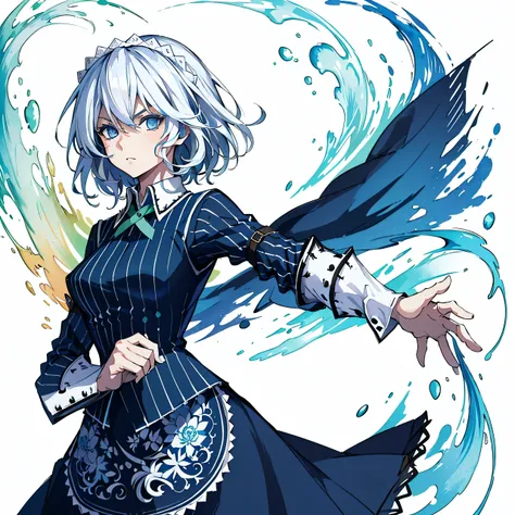 (Masterpiece, Top Quality, Best Quality, watercolour (medium), official arts, Beauty and Aesthetics: 1.2), (1girl 25 years old: 1.3), (s fractal art: 1.3), clean background, Background, full - body, gaze at the viewer, 1girl, solo, sakuya izayoi, silver h...