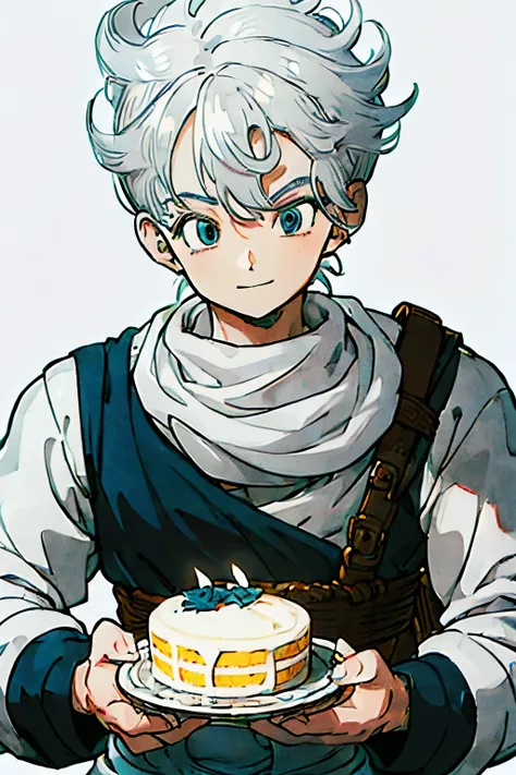 ((1 person:1.5)), calm expression, good-looking young man, upper body fully visible, plain white background, black hair, smiling and holding a cake, Dragon Quest adventurer outfit, light blue eyes, smiling with eyes closed, neat hairstyle, ((silver hair:1....