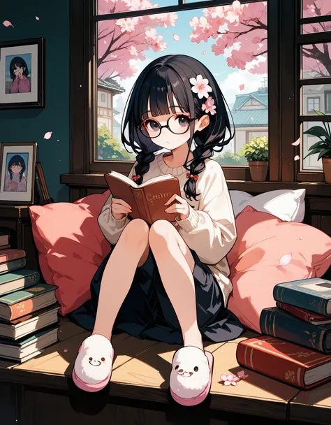 score_9, score_8_up, score_7_up, score_6_up, score_5_up,1girl,solo,sitting,photo_(object),windows,book,box,pillow,twin braids,black hair,black eyes,hair flower,shirt,sweater,fur slippers,falling petals,tippet, cherry blossoms,blunt bangs,glasses