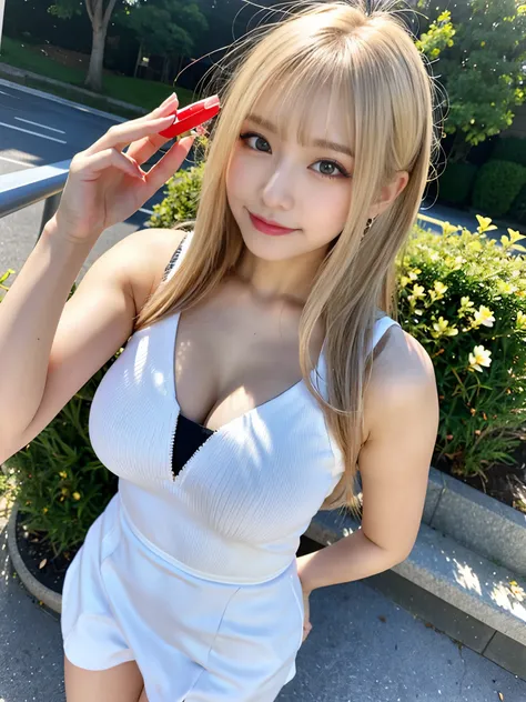 (Realistic, Realistic, Masterpiece, highest quality), 98k, ((Perfect Anatomy:1.2))1 Beautiful Japan Woman, alone, 18-year-old, Small face,Cute face:1.2,Smiling, Larger breasts, ,Beautifully detailed round eyes, Droopy Eyes 1.4, Long platinum blonde hair,Ra...