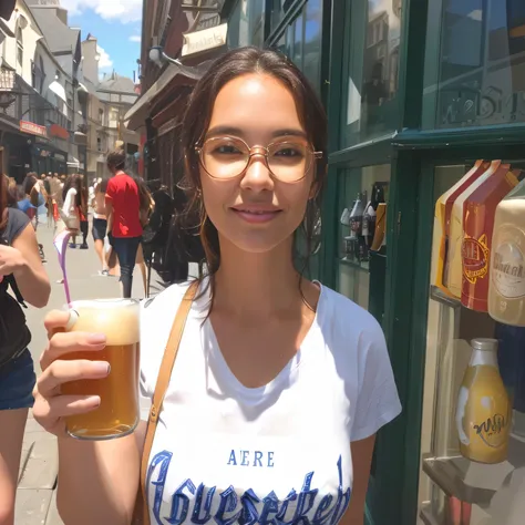 woman holding a mug of Harry Potter butterbeer in front of a store, she wears harry potter glasses, holding a mug of beer!!, holding a mug of butterbeer, holding a drink, vacation photo, drinking, holding a mug of beer, very good appearance, holding a mug ...