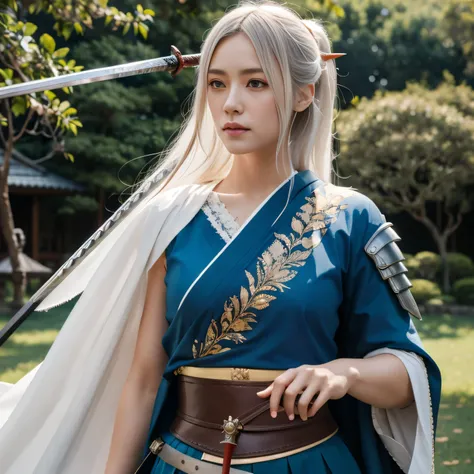 photorealistic, masterpiece, photorealistic, high resolution, soft light, hips up, blue eyes, white hair, long hair, Intricate details EABA, cloaks, spear, Samurai, Japanese Armor, warrior, samurai helmet