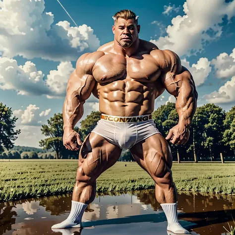 full view full body, a Muscular anthropomorphic monstruous bodybuilded male pig with blond undercut hair, with big golden ring at his snout, in white lycra suit and white socks, no shoes, , in full weight, showing his over-inflated massive biceps, legs, sh...