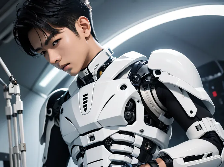 handsome 22 year old japanese model　very short, cropped black hair　　future　universe　soft macho　　white mechanical parts attached ...