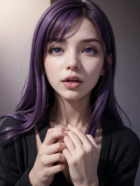 Hot girl, purple hair, purple eyes, licking your own fingers