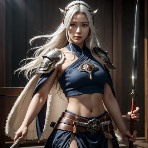 photorealistic, masterpiece, photorealistic, high resolution, soft light, hips up, blue eyes, white hair, long hair, Intricate details EABA, cloaks, spear, Samurai, Armor, warrior, samurai helmet