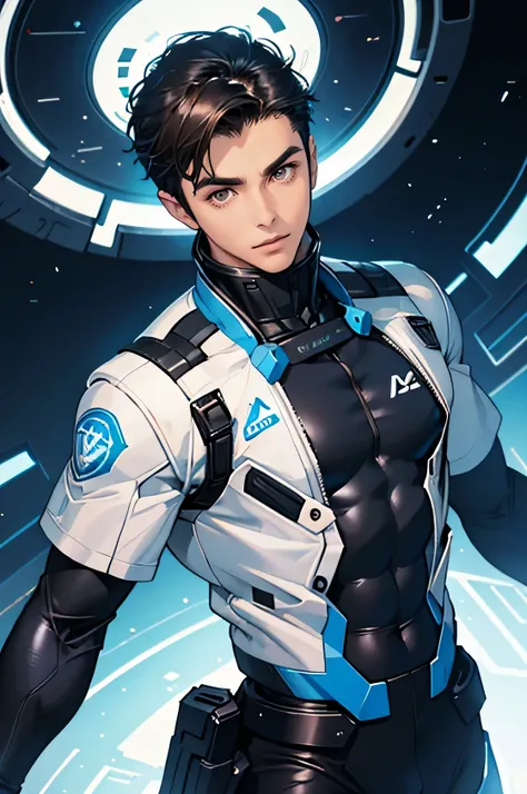 Handsome 20 year old cyborg 　Brown Eyes　future　universe　Science fiction　The background is the galaxy universe　A very tight white and blue rubber suit　Plug Suit　Gloves　looking at the camera　Very short, cropped black hair　　Upper body up with face