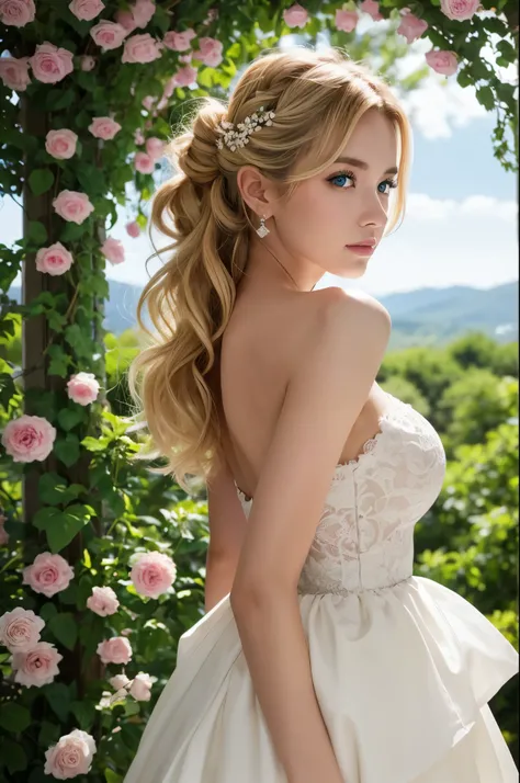 8K,Woman looking out in the garden,Super Beauty(Like the real thing),White dress,Beautiful views,Blonde Curly Hair,Exposing shoulders, Hairstyle, Beautiful expression,blue eyes, Messy, I am proud, Absurd, Elegant dress, Royalty, celebration, Hall decorated...