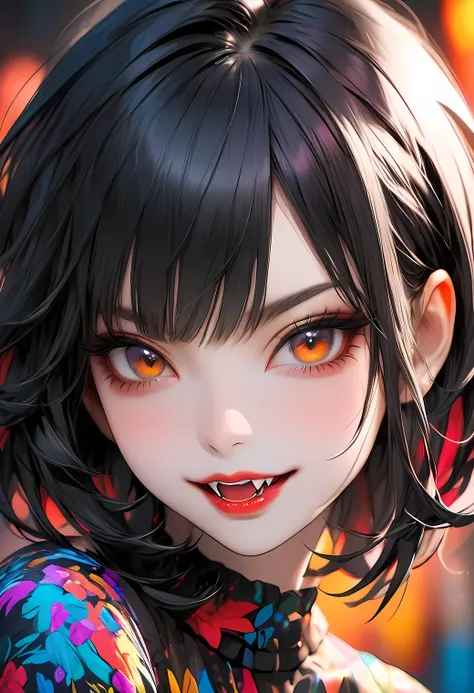 masterpiece, highest quality, 16k, unbelievably absurd, very detailed, perfect beauty, beautiful vampiric cute girl with pointy fangs, in a beautiful pose, jet black hair, modern sauvage bob hair, through bangs, vibrant colors,raw photo, portrait