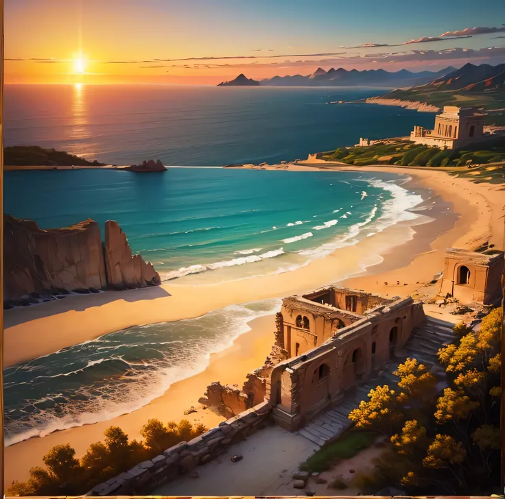 Golden Ancient Ruins floating in the air、A golden country where everything shines gold 、Golden Sea、Golden Ancient Ruins. with the sun setting on the horizon, Painting the sky orange and gold,Natural Beauty、 In a magical scene in the late afternoon."  、Lens...