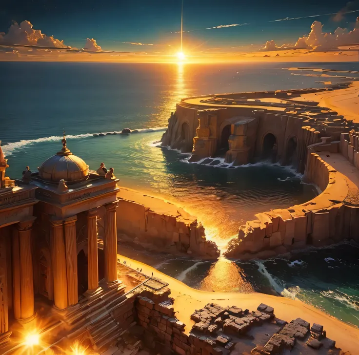 Golden Ancient Ruins floating in the air、A golden country where everything shines gold 、Golden Sea、Golden Ancient Ruins. with the sun setting on the horizon, Painting the sky orange and gold,Natural Beauty、 In a magical scene in the late afternoon."  、Lens...