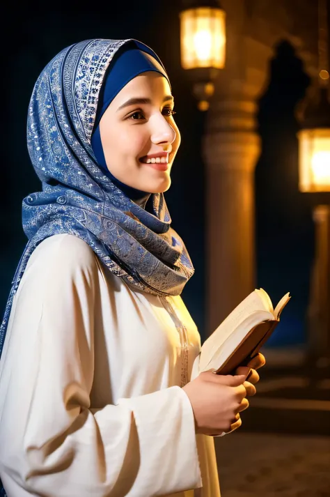 A beautiful 25-year-old woman wearing a headscarf, veiled, white dress, is holding a Quran in her hand, looking at the camera with a smiling expression, the atmosphere is calm at night. The background is a magnificent mosque with lantern lights, very detai...