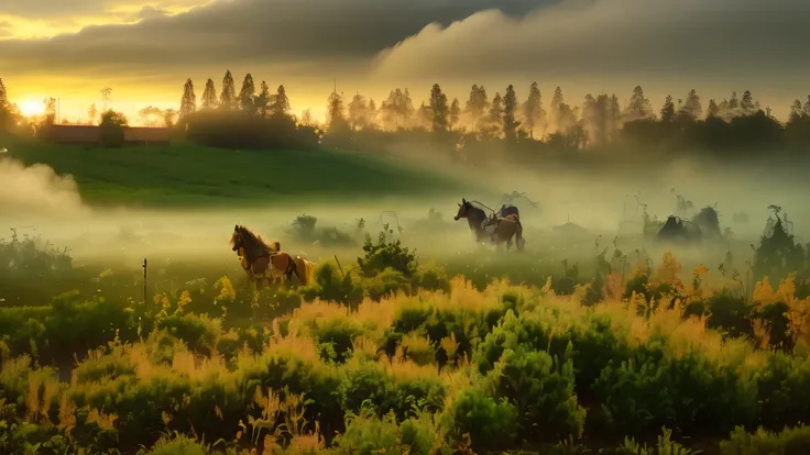 Foggy sky over the fields，There are Chinese houses in the distance， 有雾的early morning,Steaming clouds， In the soft green light of dawn, Foggy jungle in the background, grass field surrounding the city, Land of Mists, early morning, In the soft green dawn li...