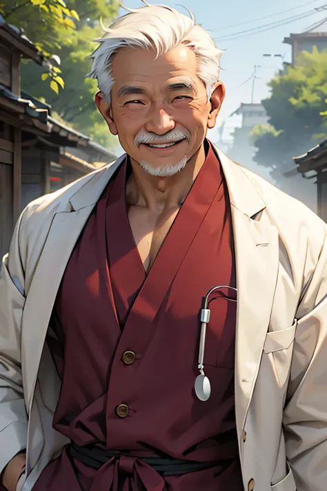 realistic photo, asian old man doctor, smiling, view full chest and head