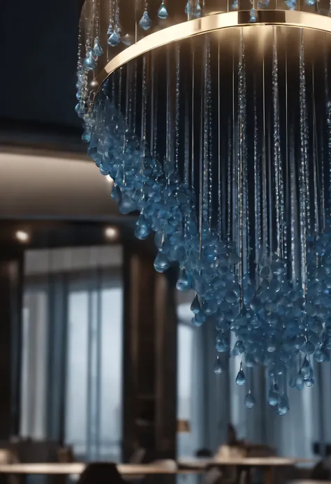 Professional architectural 3D rendering of the design of a chandelier in a modern and minimal style in the shape of raindrops and in blue color 