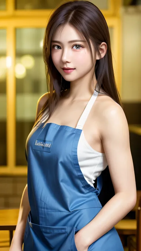 8k, highest quality, Tabletop:1.2), (Realistic, Photorealistic:1.37), highest quality, Tabletop, Beautiful young woman, Happy expression, Kind eyes, Naked Apron、Shy、Tie your hair back, Messy mood, Movie Background,  Light skin tone