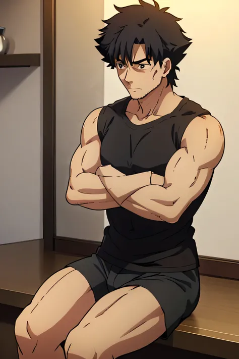 Kiritsugu is sitting and flexing his biceps and abs. He wears black short boxershorts. You can see his thighs. He is admiring his muscles. He has bulging veins on his arms. He wears a black tshirt with short sleeves. His right sleeve is completely rolled u...