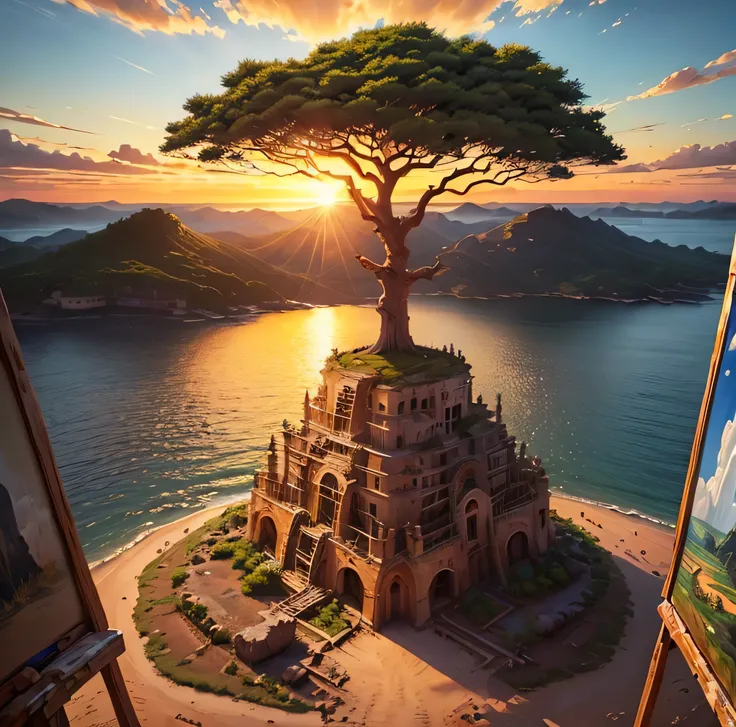 Golden Ancient Ruins floating in the air、A golden country where everything shines gold 、Golden Sea、Golden Ancient Ruins. with the sun setting on the horizon, Painting the sky orange and gold,Natural Beauty、 Baobab tree、In a magical scene in the late aftern...