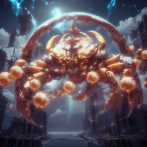 Crab god with golden stripes and pearl white border The large claws surrounded by electricity were a force to be reckoned with. Its white aura radiated a divine status. The Crab God is a majestic figure towering over the city. Its huge claws were surrounde...