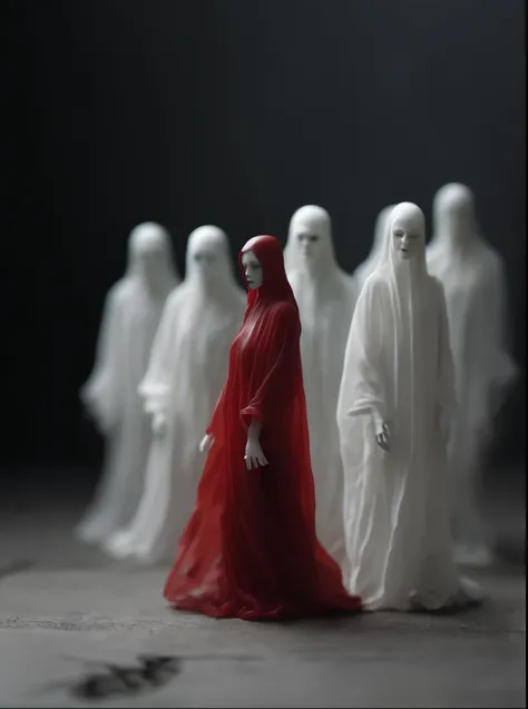  no estilo de figuras minimalistas, branco claro e vermelho, mote kei, retratos realistas, Ethereal Photography, ghostly figures, fechar-se, pictorial drama, 50 mm 4 figuras darkness 