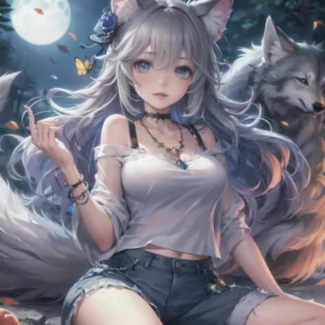 A fantasy Wasteland battles hand-in-hand through a wasteland full of pitfalls. The camera zooms in on the girl, capturing her determination. The cool girl, with wolf ears,wolf tail,  wears thin leather armor and dark cloak. As the zoom progresses, the focu...