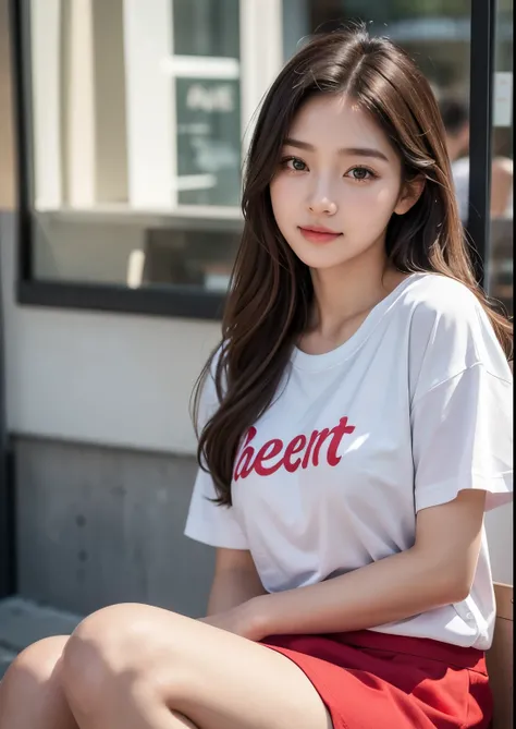 Korean most beautiful girl, sweet 16 years girl, a cute young girl sitting in front of an ice cream shop, wearing a red t-shirt and a purple skirt above the knees, beautiful detailed eyes, beautiful detailed lips, extremely detailed face and eyes, long eye...