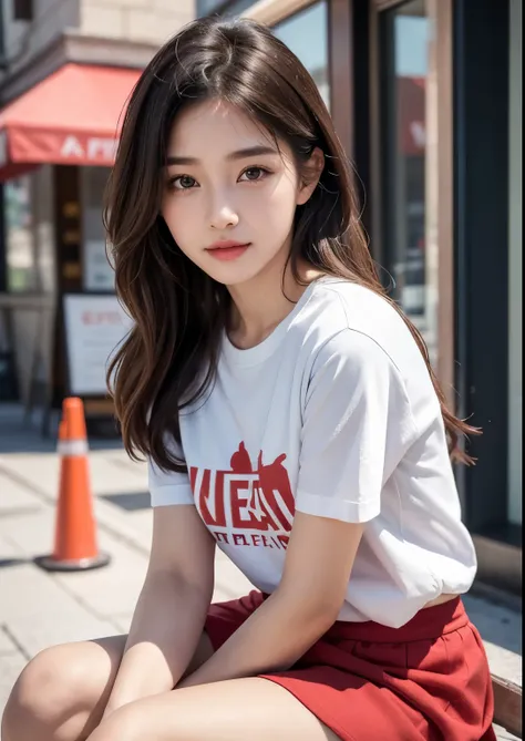 Korean most beautiful girl, sweet 16 years girl, a cute young girl sitting in front of an ice cream shop, wearing a red t-shirt and a purple skirt above the knees, beautiful detailed eyes, beautiful detailed lips, extremely detailed face and eyes, long eye...