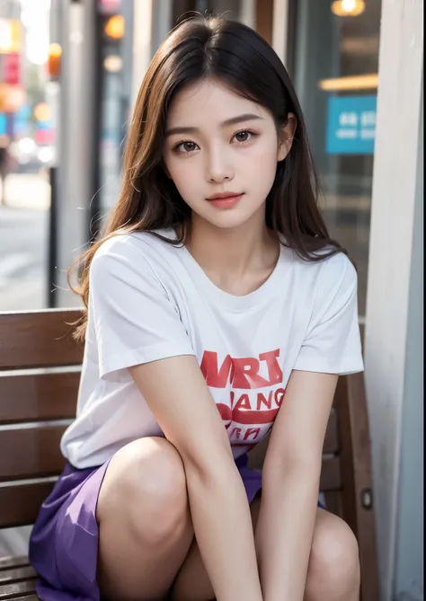 Korean most beautiful girl, sweet 16 years girl, a cute young girl sitting in front of an ice cream shop, wearing a red t-shirt and a purple skirt above the knees, beautiful detailed eyes, beautiful detailed lips, extremely detailed face and eyes, long eye...