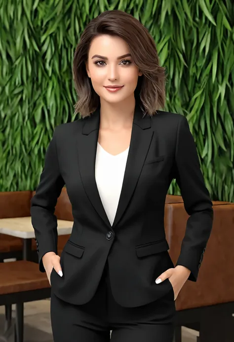 1 mulher adulta, cabelo comprido, cabelo cacheado, cabelo cor preto, pele suave, olhos castanhos, sorrir, vegetation, Occasional, Businesswoman style clothes, blaser marrom claro, realista, com fundo em um restaurante chique, 8k super realista, super detal...