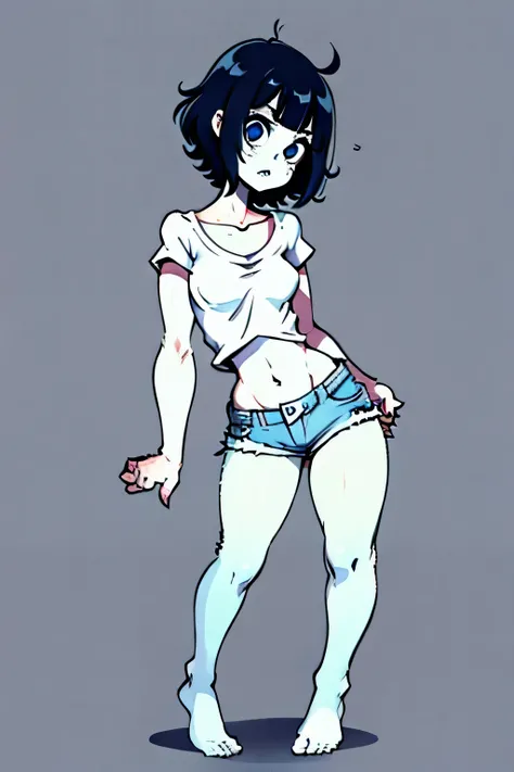 horror girl, short curly hair, white t shirt, blue shorts, full body, skeleton poor, twisted arm