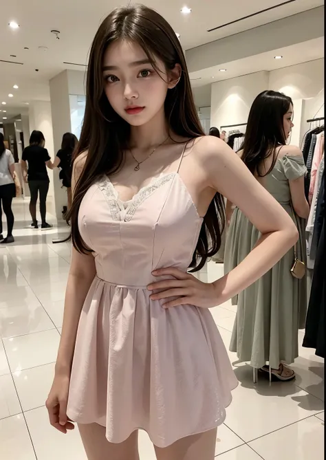 A beautiful cute and sweet 15-year-old Korean girl standing in a mall shopping for clothes, wearing a short pink sweetheart mini dress, detailed facial features, large expressive eyes, long eyelashes, detailed lips, elegant pose, detailed dress folds and t...