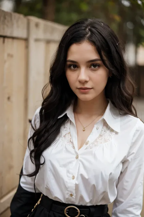 White Girl with Black Hair, Wavy Hair with Blouse
