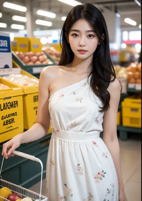 A beautiful Korean girl, detailed realistic face, longeyes, small nose, full lips, shoulder-length black hair, standing in a hypermarket, wearing an above knee-length white floral dress, holding a shopping basket, natural lighting, highly detailed, photore...