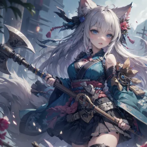 A fantasy Wasteland battles hand-in-hand through a wasteland full of pitfalls. The camera zooms in on the girl, capturing her determination. The cool girl, with wolf ears,wolf tail,  wears thin leather armor and dark cloak. As the zoom progresses, the focu...