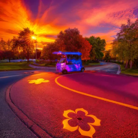 evening，sunset，prime time，colorful clouds，tour car，s-shaped road，flower table，tree，warm colors，raw，8k，detailed details，best qual...