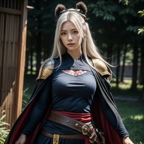 photorealistic, masterpiece, photorealistic, high resolution, soft light, hips up, blue eyes, white hair, long hair, Intricate details EABA, cloaks, kunais, Ninja, Armor, warrior, samurai helmet