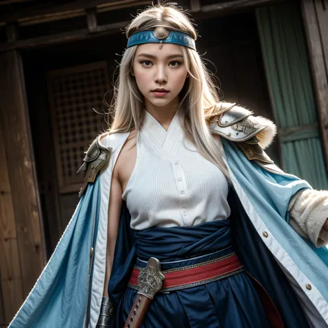 photorealistic, masterpiece, photorealistic, high resolution, soft light, hips up, blue eyes, white hair, long hair, Intricate details EABA, cloaks, kunais, Ninja, Armor, warrior, samurai helmet