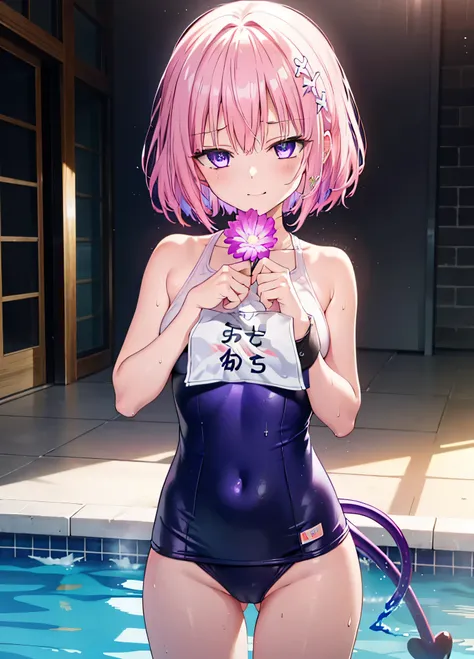 momomodel building week, Deviluke Type, demon tail, Hair Flowers, hair ornaments, (Purple eyes:1.1), Pink Hair, short hair, tail, smile,happy smile, smile, Open your mouth,
break demon tail, green , School Swimsuit,Wet Hair,Wet Skin,naked feet,noon,sunny,
...