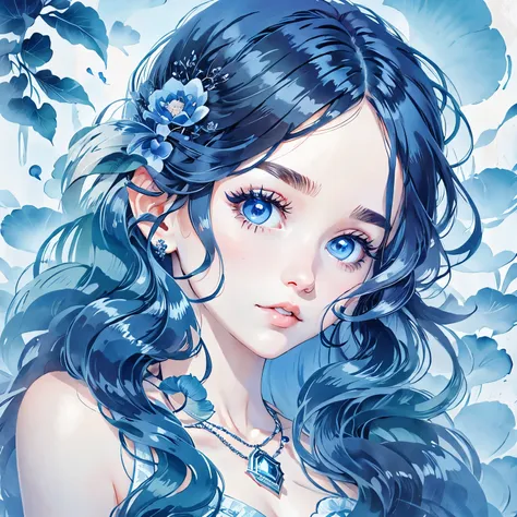 wavy hair wavy hair（（（eyes are very delicate））），（（（hair accessories））），necklace，head close-up，1 young girl，ink style