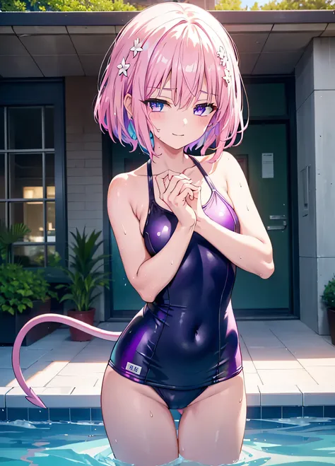 momomodel building week, Deviluke Type, demon tail, Hair Flowers, hair ornaments, (Purple eyes:1.1), Pink Hair, short hair, tail, smile,happy smile, smile, Open your mouth,
break demon tail, green , School Swimsuit,Wet Hair,Wet Skin,naked feet,noon,sunny,
...