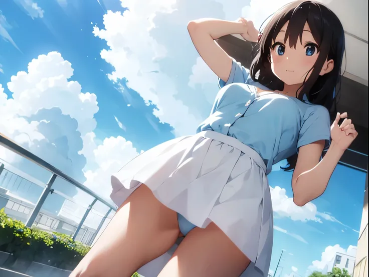 Beautiful breasts、A light blue bra that is visible through a white dress shirt、Without skirt、Light blue underwear、barefoot、Standing posture、Cumulonimbus cloud and blue sky