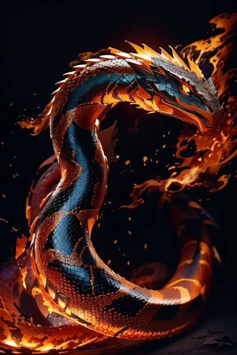 a close up of a fire cobra with a black background, serpente flamejante de fogoe, fire flaming dragon serpent, papel de parede d...