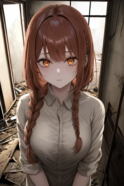 Woman with beauty,At about 25 years old、Light reddish brown hair braided、Eye-length bangs and、Two long bangs that frame the face。,Golden Eyes,The pupils circulate、Naked in an abandoned house, stare, Apocalyptic atmosphere, dark, High resolution,4K, Ultra h...